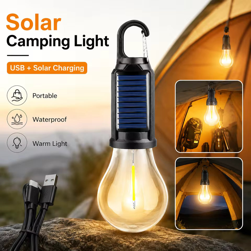 Portable Solar LED Camping Lantern – Waterproof USB Rechargeable Warm Light Bulb