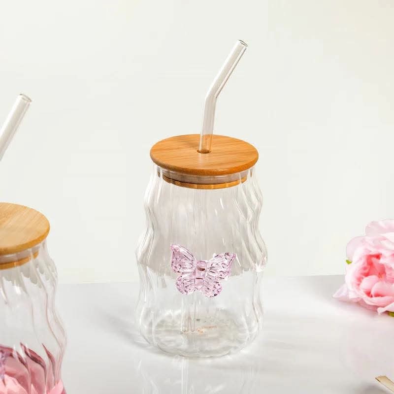 2Pcs Ripple Glass Cups with Bamboo Lids and Straw Butterfly Aesthetic IcedCoffee