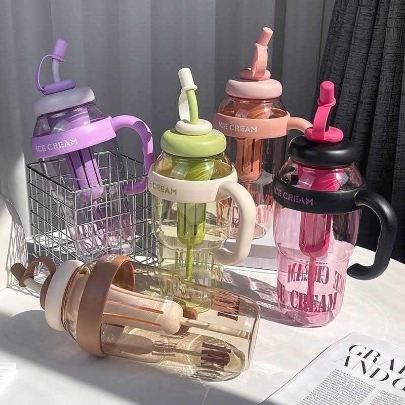 Kawaii Ice Cream Water Bottle with Straw, Cute Aesthetic Tumbler, Handle