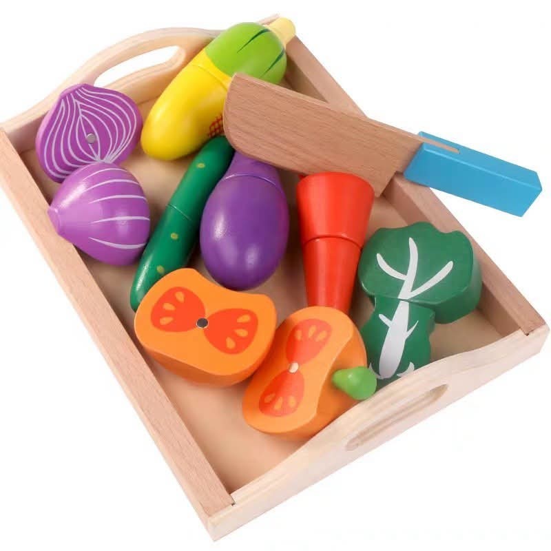 Wooden Cutting Fruit Vegetable Toy Set Kids Montessori Pretend Play Kitchen Food