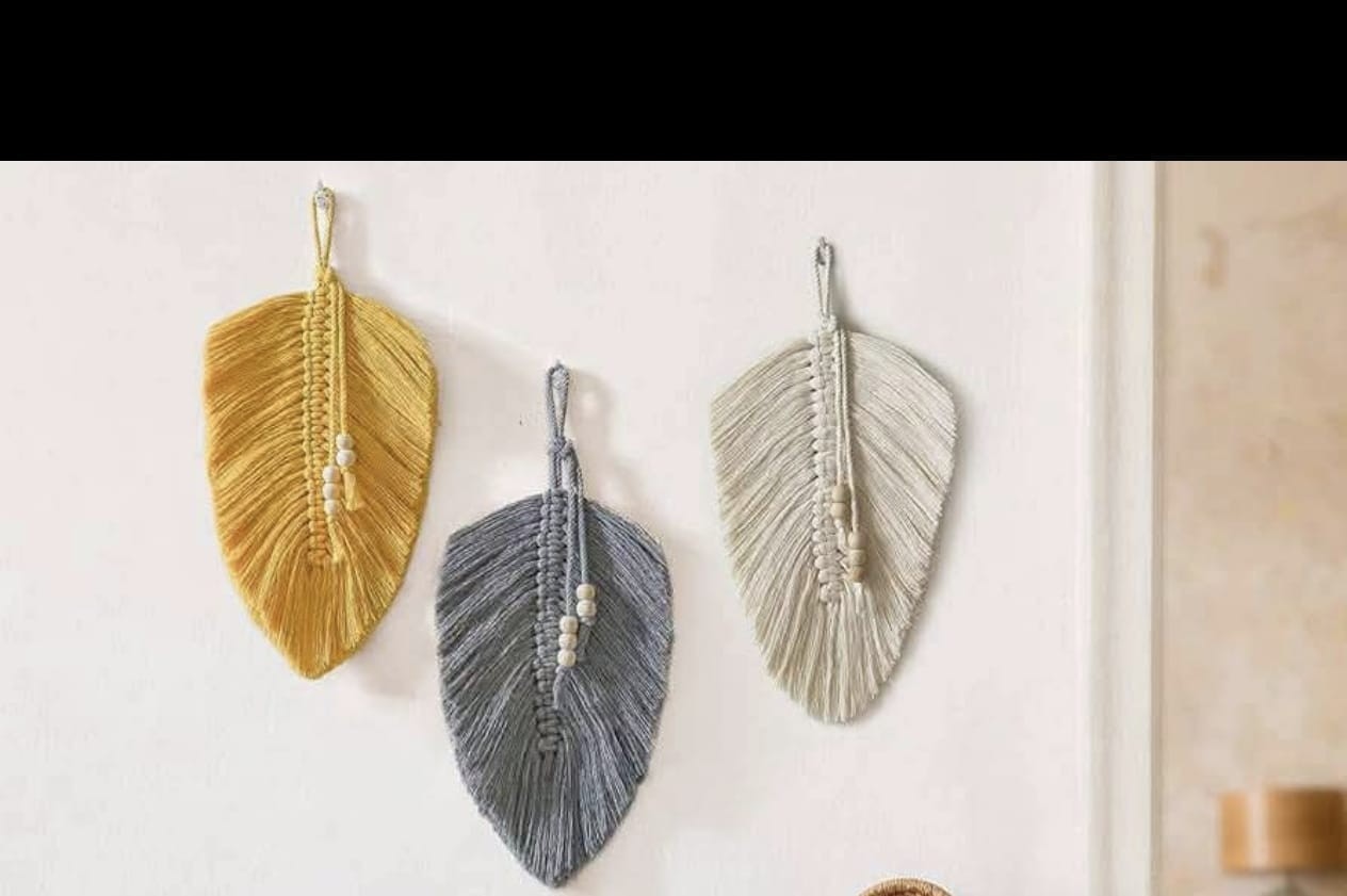 Boho Macrame Feather Leaf Wall Hanging Set Handmade Woven Tassel Room Decor