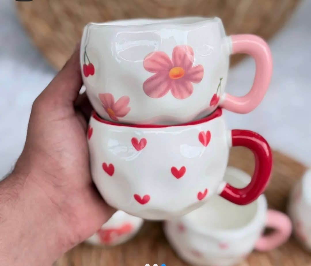 Handmade Ceramic Cloud Mug Cute Floral Cherry Pattern Aesthetic Coffee Cup Gift