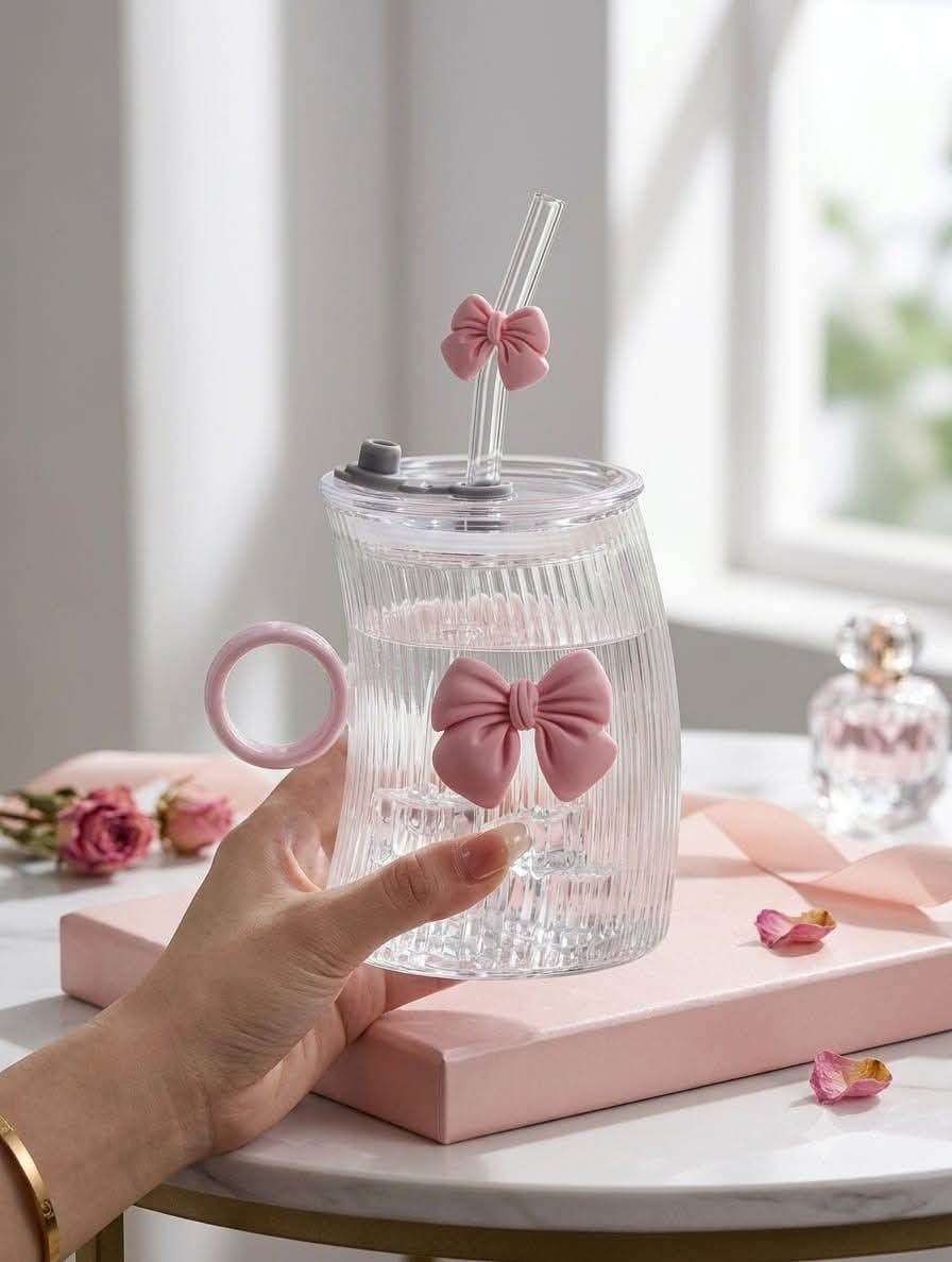 Aesthetic Ribbed Glass Tumbler with Handle, Lid & 3D Pink Bow Accent