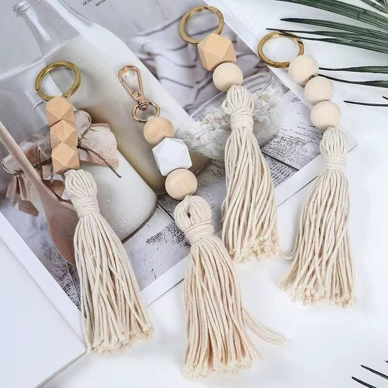 Handmade Macrame Keychain Boho Wood Bead Tassel Bag Charm Key Ring Accessory