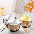 Chicken Egg Holder Basket Ceramic Hen Lid Wire Storage Farmhouse Kitchen Decor