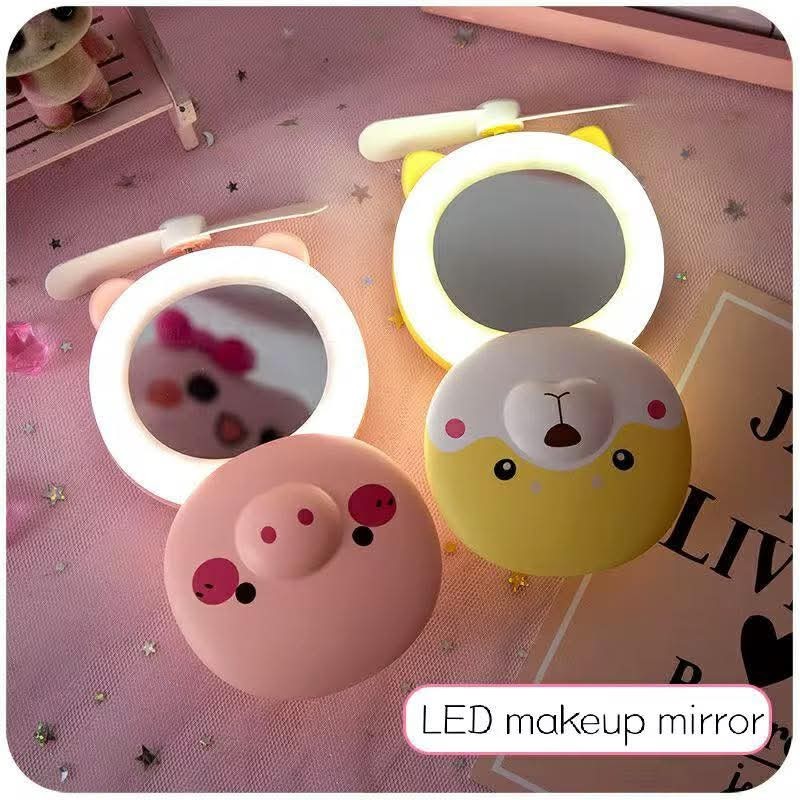 3in1 LED Makeup Mirror Pocket Fan Cute BearUSB Rechargeable Portable Vanity Mini
