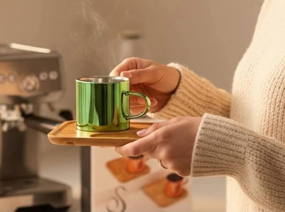 Metallic Espresso Cups Set with Bamboo Saucers - Gift for Coffee Lovers
