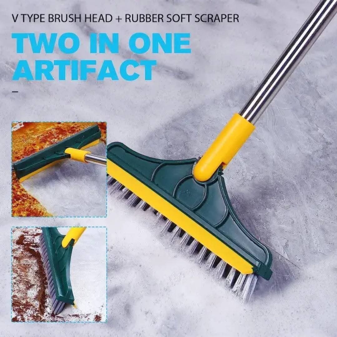 2in1 Floor Scrub Brush Long Handle Squeegee V-Shape Bathroom Tile Grout Cleaner