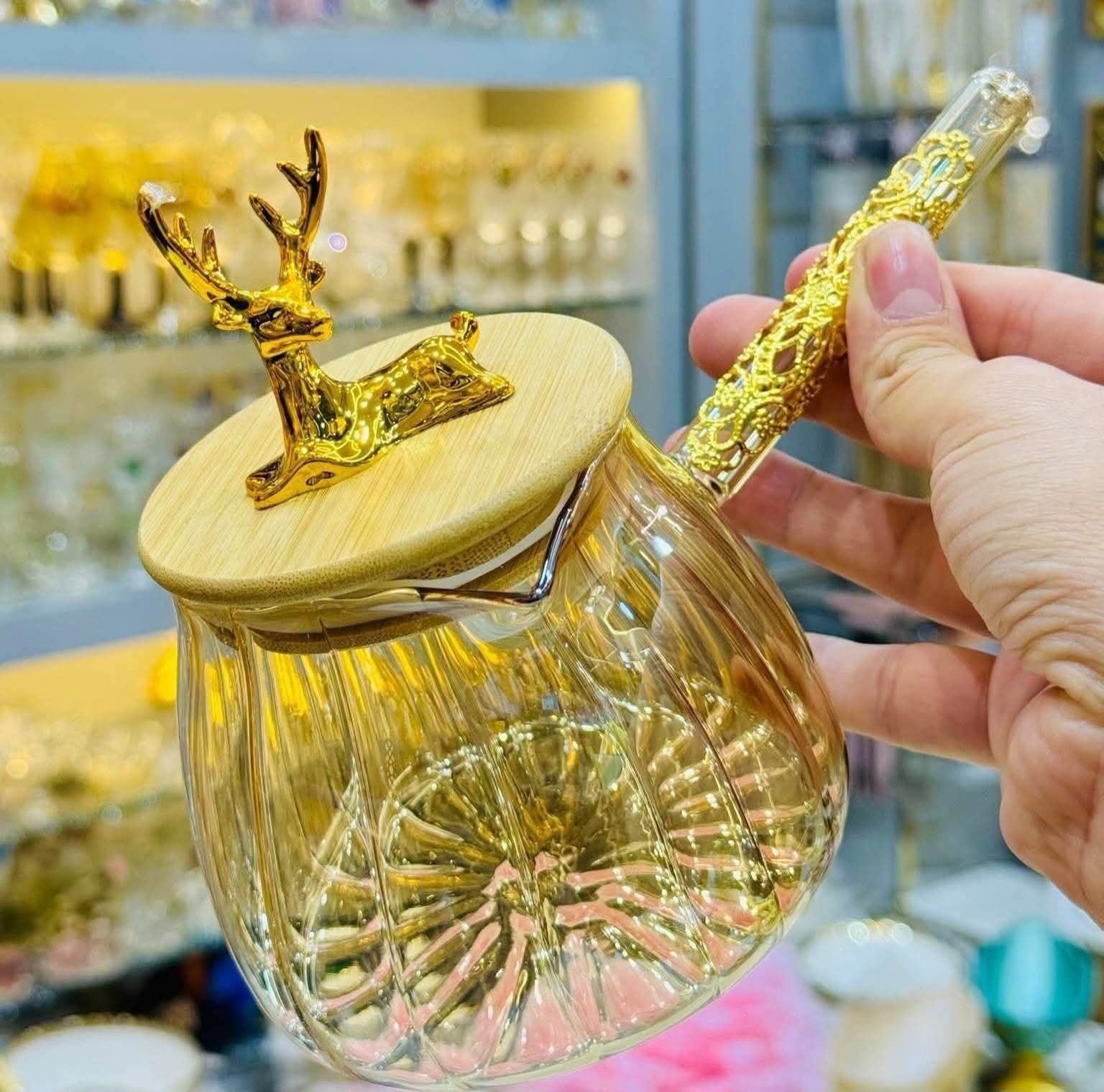 Turkish Coffee Pot Borosilicate Glass Cezve Gold Deer Lid Arabic Coffee Warmer