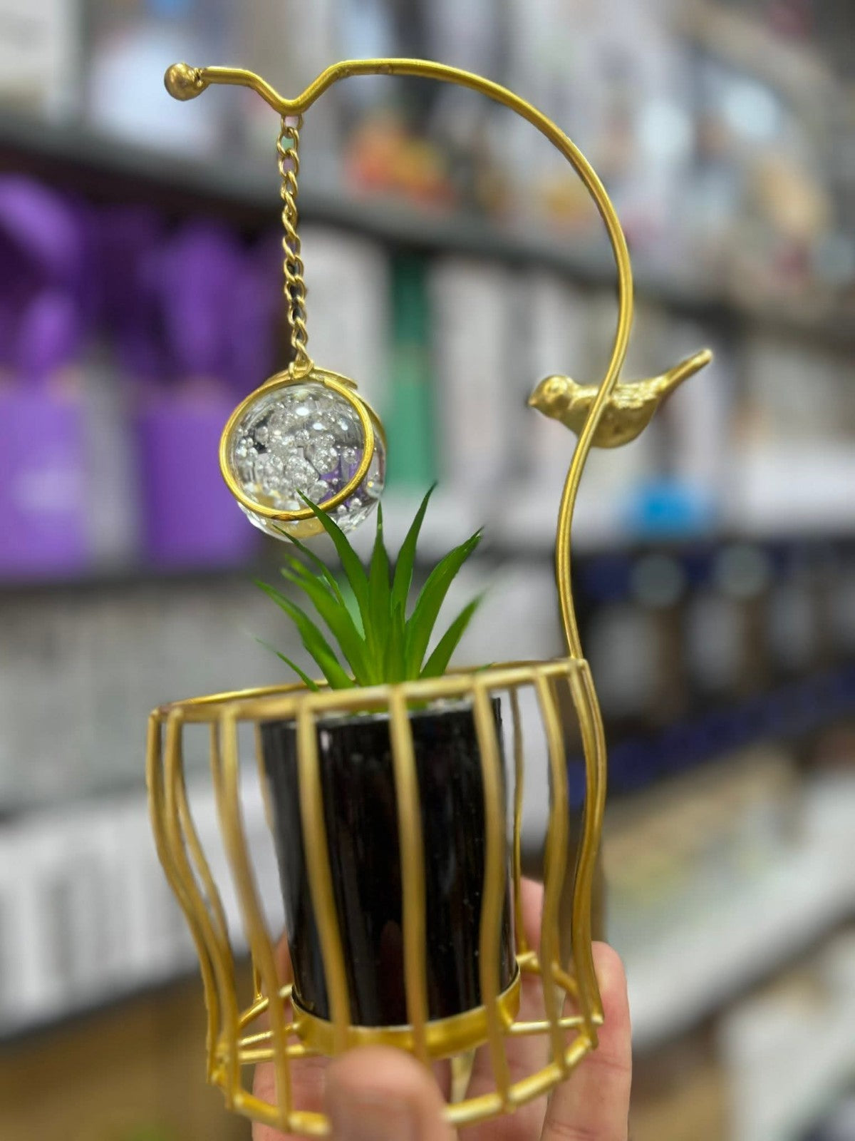 Gold Metal Wire Planter Artificial Succulent Pot Bird Crystal Modern Decor Gift