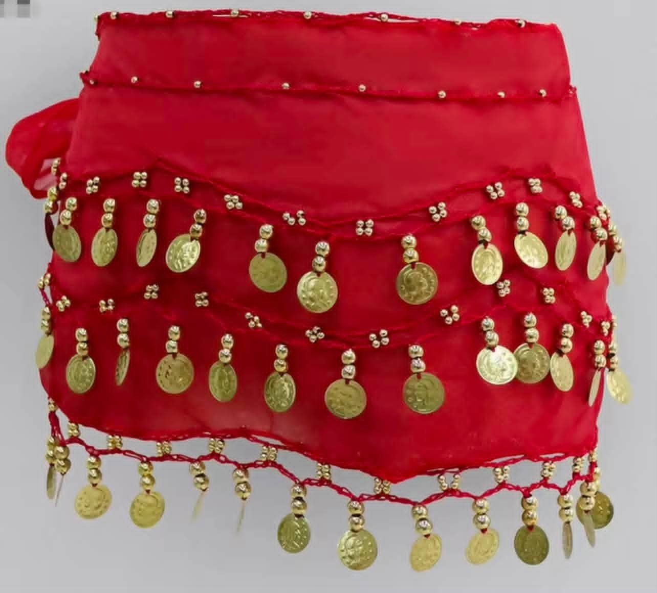 Red Velvet Chiffon Belly Dance Hip Scarf Waist Belt with Gold Coins Costume