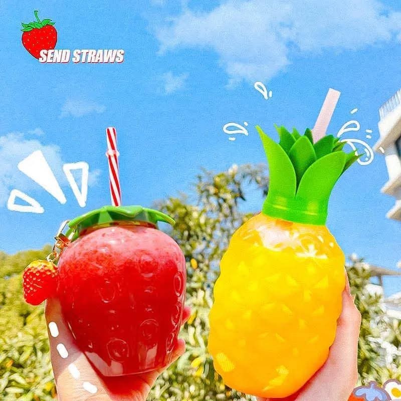 Cute Fruit Water Bottle with Straw Pineapple Strawberry Sippy Cup Summer Party