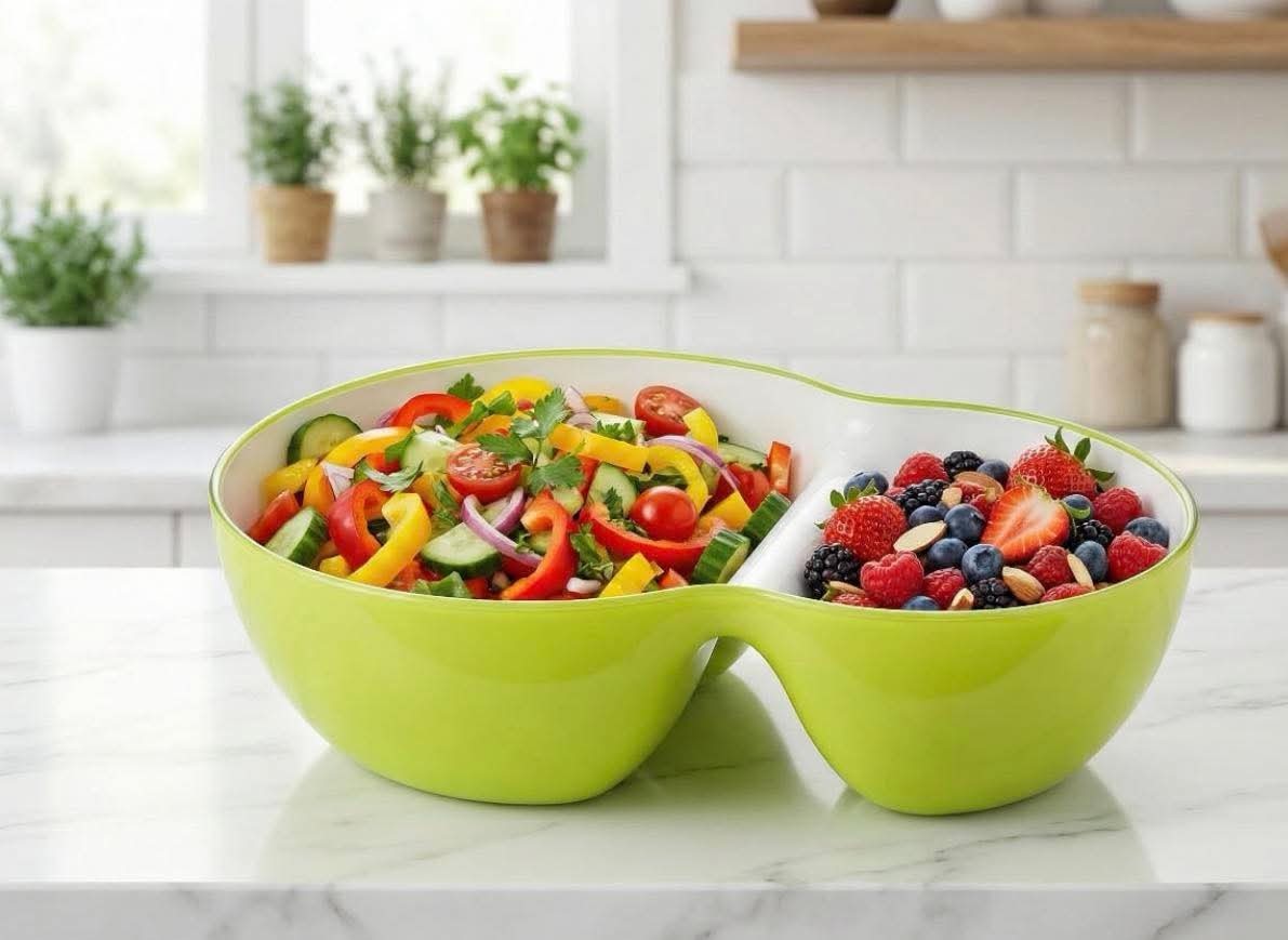Divided Serving Bowl 2 Compartment Snack Dish Chips Dip Nuts Fruit Party Salad