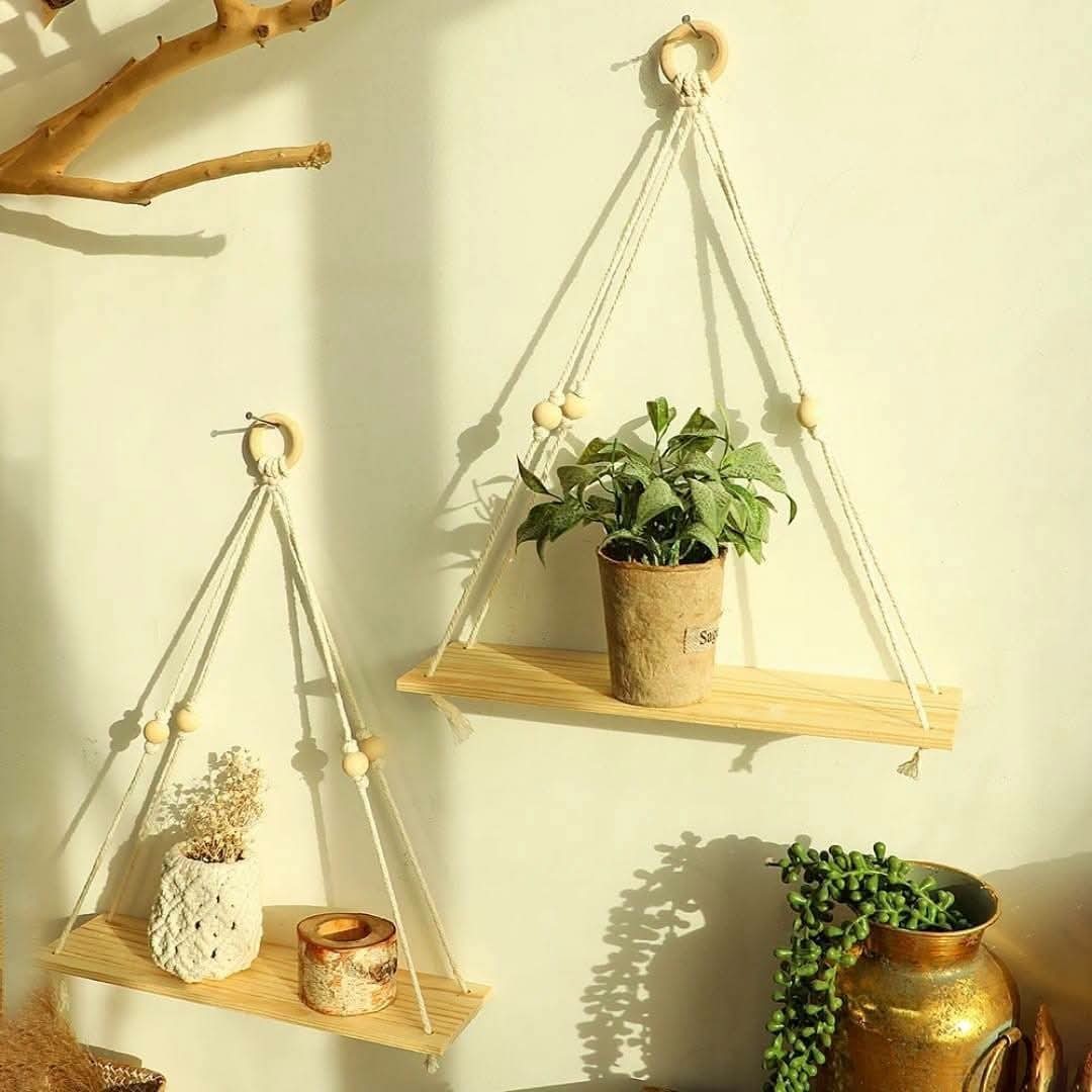 Boho Macrame Hanging Shelf Triangle Wood Floating Shelves Wall Decor with Beads