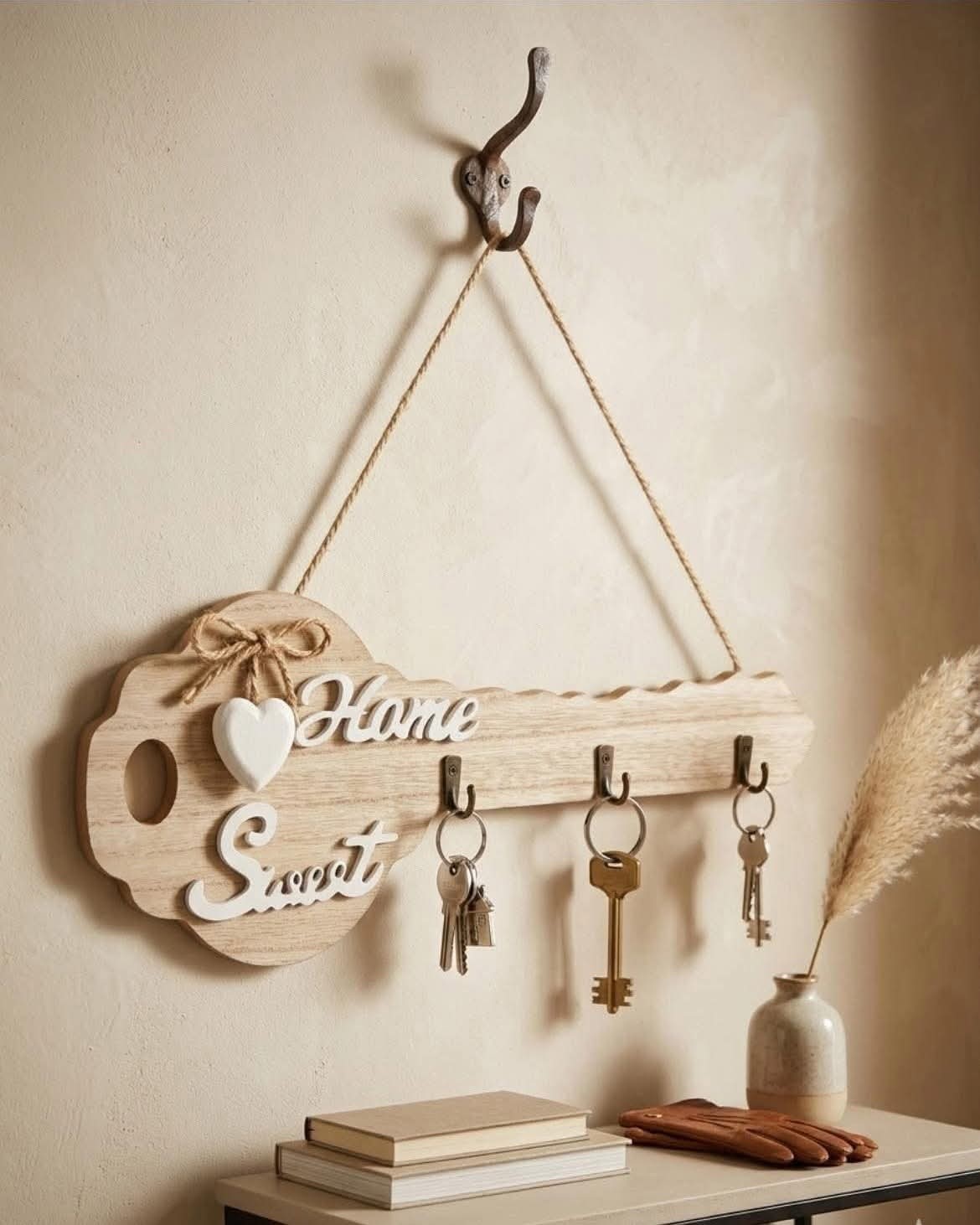 Large Wooden Key Holder - Wall-Mounted Rustic Key Rack - Home Sweet Home Decor