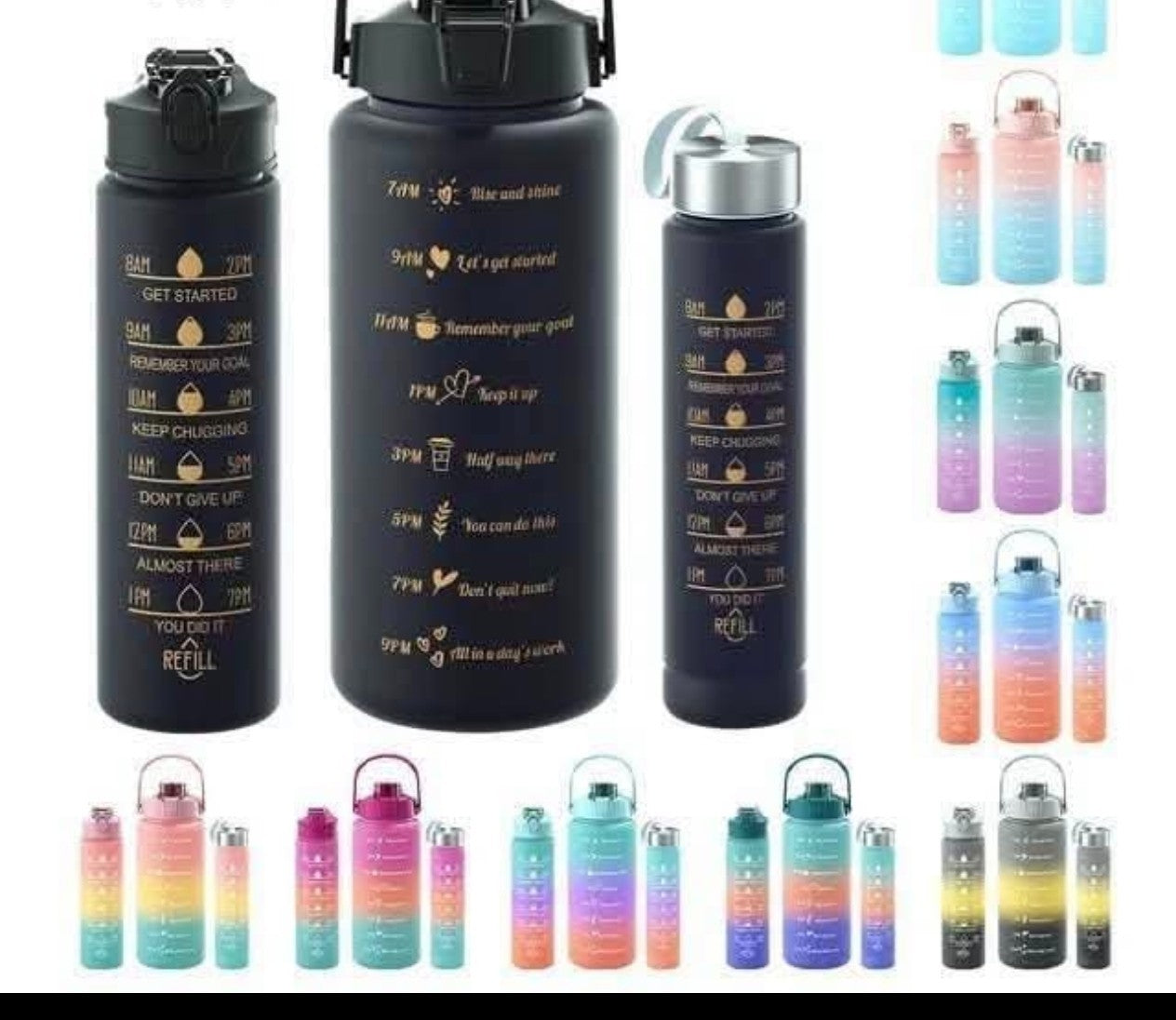 3Pcs Motivational Water Bottle Set Time Marker Straw Leakproof Gym Sports BPA Fr