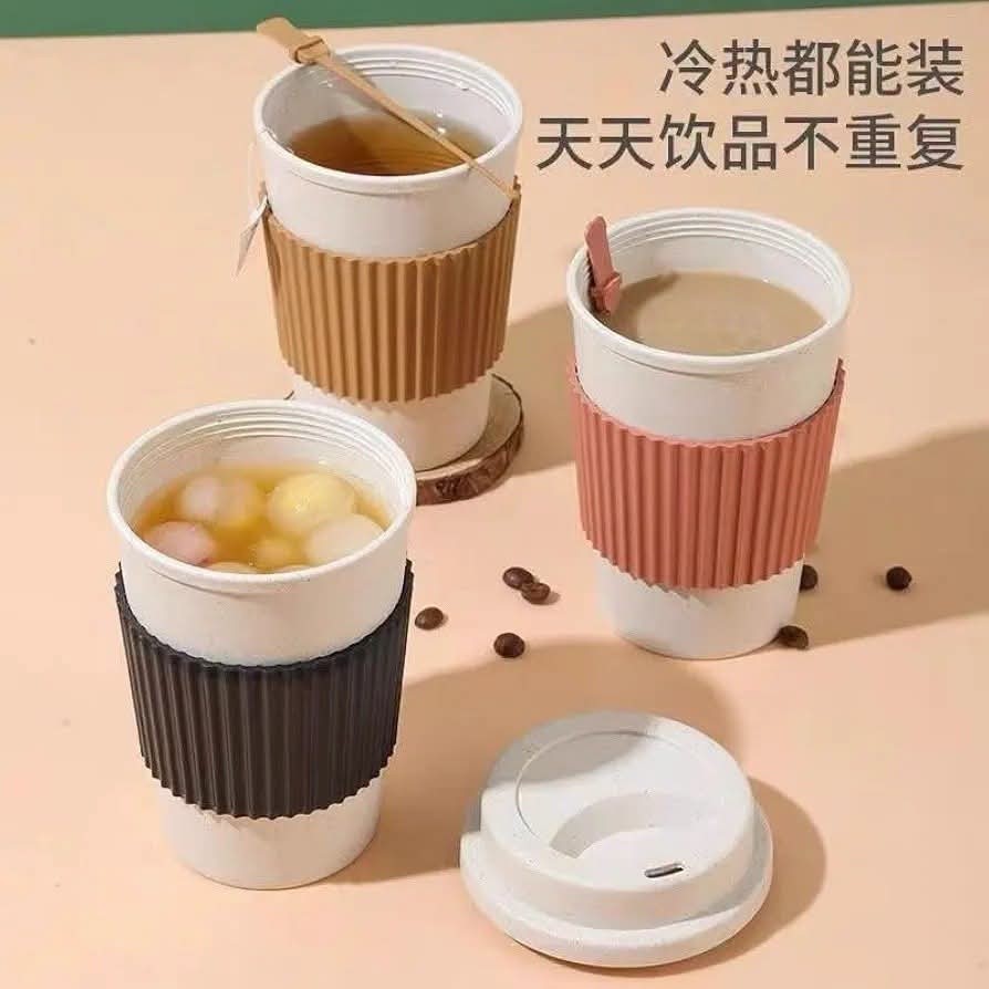 Reusable Coffee Cup Eco-Friendly Wheat Straw Travel Mug with Silicone Sleeve Lid