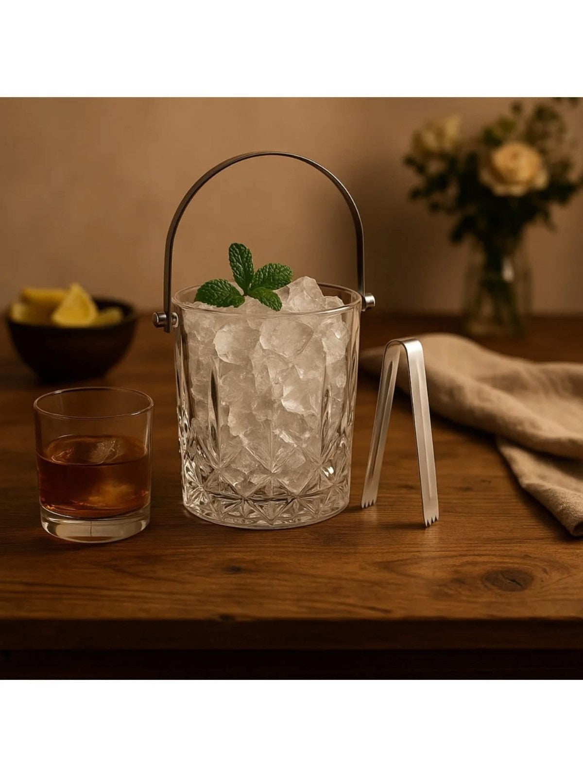 Crystal Glass Ice Bucket Set with Stainless Steel Tongs - Vintage Barware