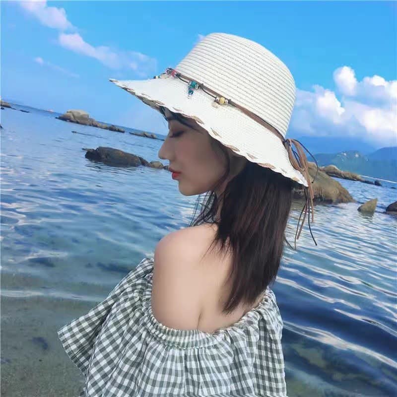 Luxury Women's Straw Sun Hat - Wide Brim Panama Cap with Beads, Summer Style
