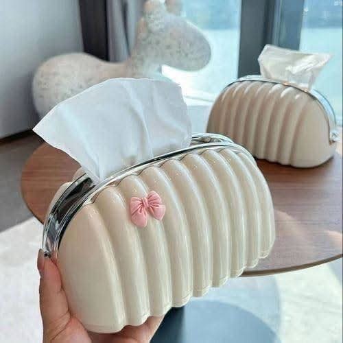 Coquette Bow Tissue Box Cover – Cream Pleated Cute Vanity Decor Holder