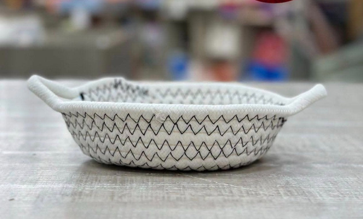 Small Woven Cotton Rope Basket Organizer Tray with Handles - Boho Rustic Decor