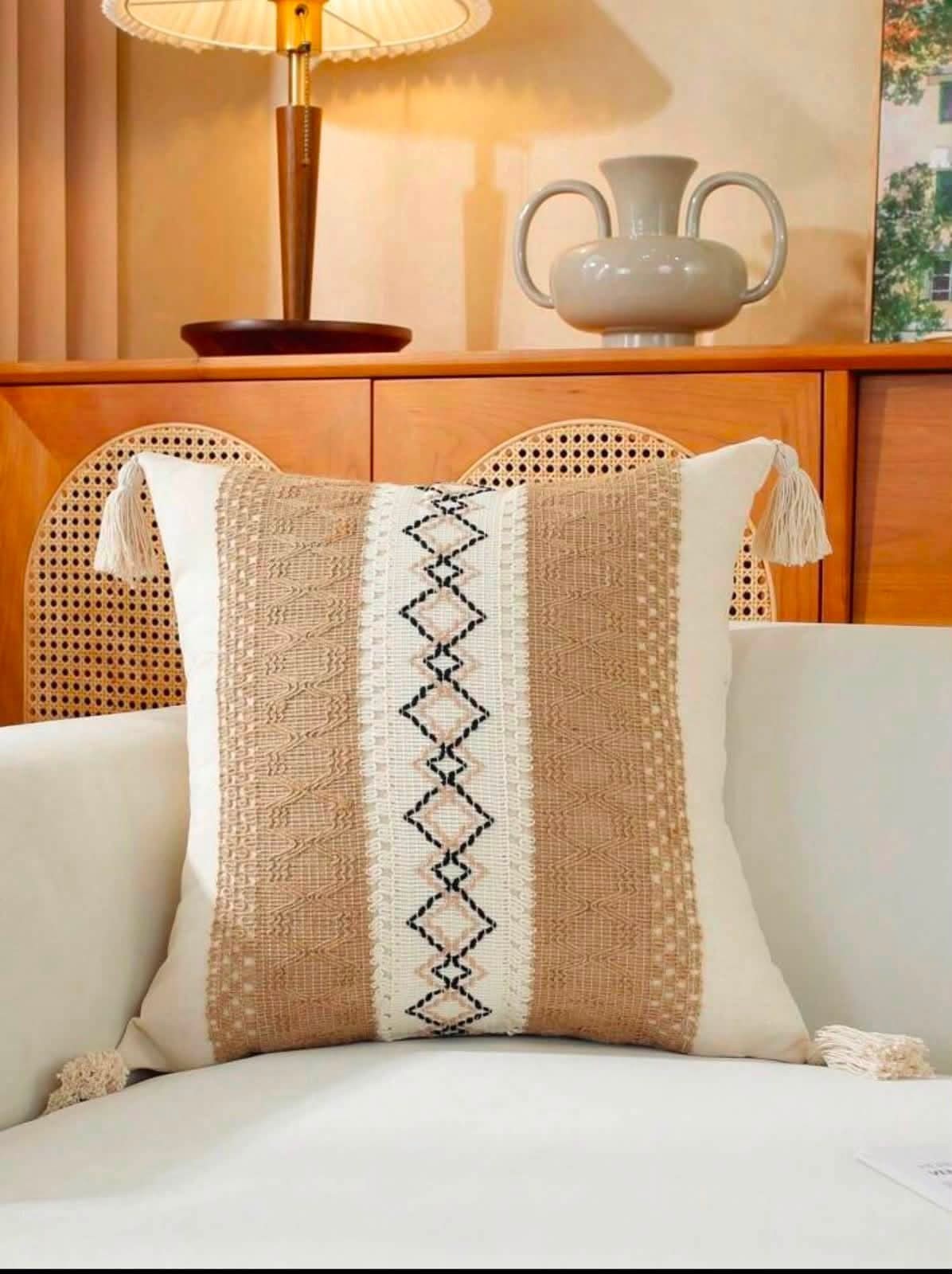 Boho Woven Throw Pillow Cover Tassels Jute Burlap Neutral Farmhouse Cushion Case