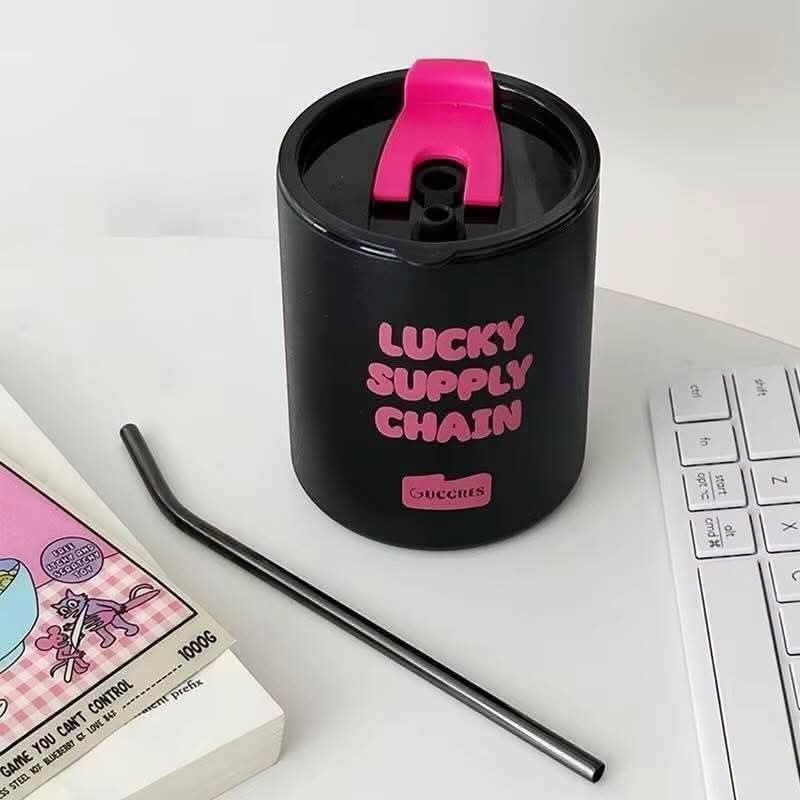 Cute Matte Black Stainless Steel Insulated Travel Mug with Pink Accents 20 oz