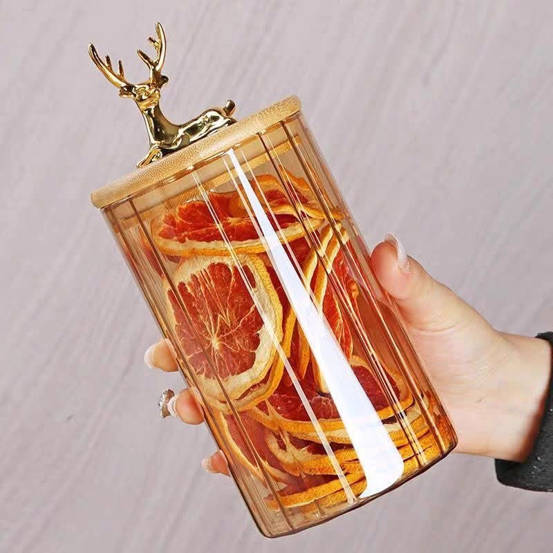 Luxury Amber Glass Food Storage Jar Airtight Bamboo Lid Golden Deer Handle